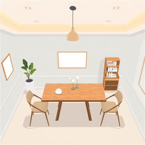 Minimal flat illustration of Modern minimalist dining room with a stylish wooden table and warm pendant lighting overhead, high-angle view from above, soft pastel colors, bright and cozy, 1:1 aspect ratio