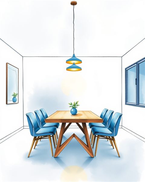 Watercolor illustration of Modern minimalist dining room with a stylish wooden table and warm pendant lighting overhead, centered subject with a simple uncluttered composition, cool blue tones, quiet atmosphere, 4:5 aspect ratio