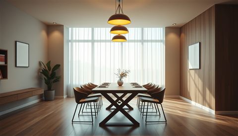 Cinematic film still of Modern minimalist dining room with a stylish wooden table and warm pendant lighting overhead, wide shot with open space at the top for text, vivid colors, high contrast, energetic, 16:9 aspect ratio