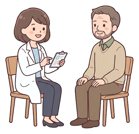Simple cute flat cartoon illustration with soft pastel colors and thin clean dark outlines of a middle-aged man, patient sitting and talking with a friendly doctor in a white coat, transparent background PNG
