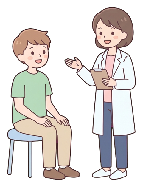 Simple cute flat cartoon illustration with soft pastel colors and thin clean dark outlines of a young man, patient sitting and talking with a friendly doctor in a white coat, transparent background PNG