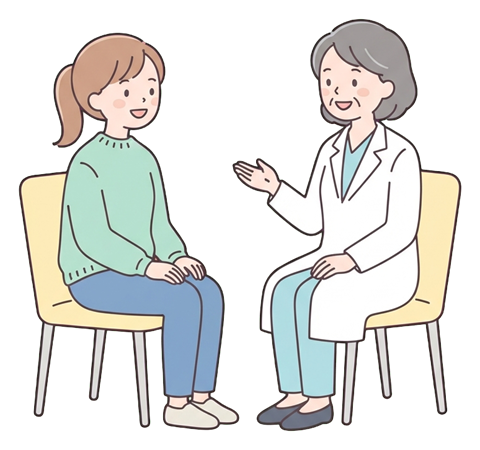 Simple cute flat cartoon illustration with soft pastel colors and thin clean dark outlines of a young woman, patient sitting and talking with a friendly doctor in a white coat, transparent background PNG