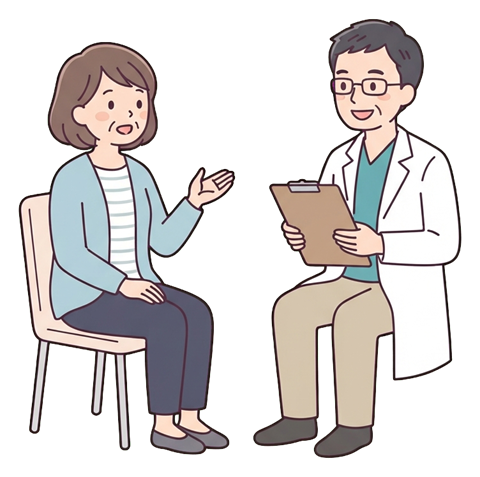 Simple cute flat cartoon illustration with soft pastel colors and thin clean dark outlines of a middle-aged woman, patient sitting and talking with a friendly doctor in a white coat, transparent background PNG