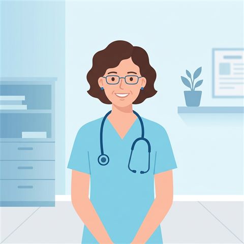 Minimal flat illustration of a friendly doctor with a stethoscope, centered subject with a simple uncluttered composition, cool blue tones, quiet atmosphere, 1:1 aspect ratio