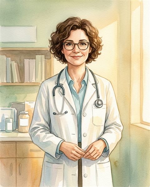 Watercolor illustration of a friendly doctor with a stethoscope, centered subject with a simple uncluttered composition, warm golden light, calm mood, 4:5 aspect ratio