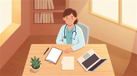 Minimal flat illustration of a friendly doctor with a stethoscope, high-angle view from above, warm golden light, calm mood, 16:9 aspect ratio