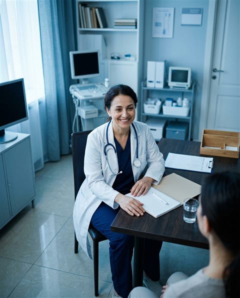 Cinematic film still of a friendly doctor with a stethoscope, high-angle view from above, cool blue tones, quiet atmosphere, 4:5 aspect ratio