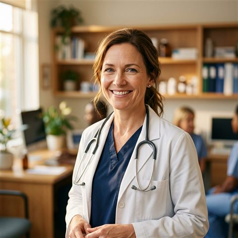 Photorealistic photo of a friendly doctor with a stethoscope, close-up detail with shallow depth of field, warm golden light, calm mood, 1:1 aspect ratio