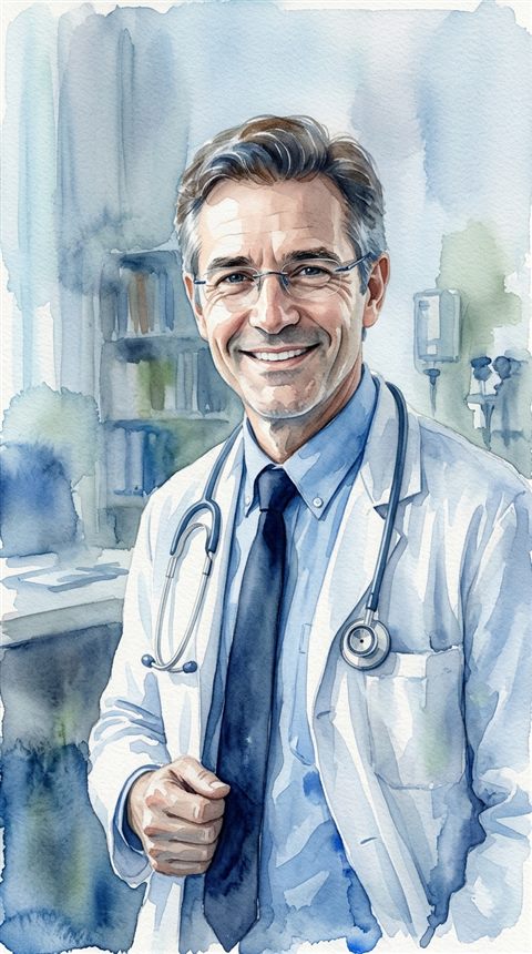 Watercolor illustration of a friendly doctor with a stethoscope, close-up detail with shallow depth of field, cool blue tones, quiet atmosphere, 9:16 aspect ratio