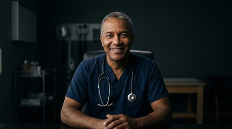 Photorealistic photo of a friendly doctor with a stethoscope, centered subject with a simple uncluttered composition, moody dark tones, dramatic lighting, 16:9 aspect ratio