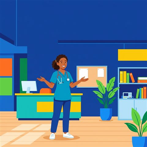 Minimal flat illustration of a friendly doctor with a stethoscope, wide shot with open space at the top for text, vivid colors, high contrast, energetic, 1:1 aspect ratio