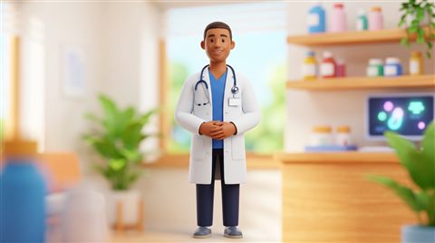 Soft 3d render of a friendly doctor with a stethoscope, centered subject with a simple uncluttered composition, vivid colors, high contrast, energetic, 16:9 aspect ratio