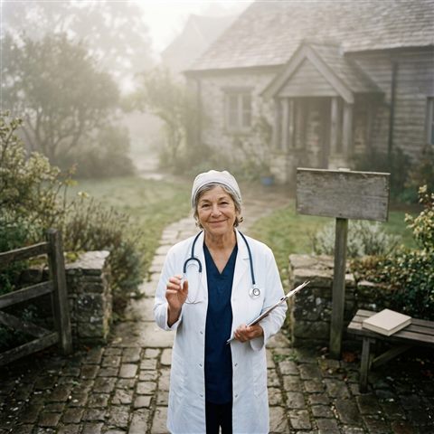 Photorealistic photo of a friendly doctor with a stethoscope, high-angle view from above, misty morning haze, dreamy, 1:1 aspect ratio