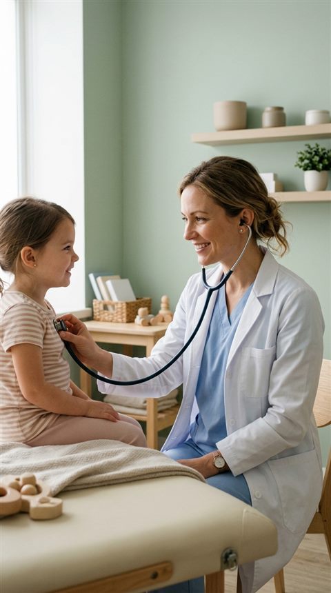 Cinematic film still of a friendly doctor with a stethoscope, centered subject with a simple uncluttered composition, soft pastel colors, bright and cozy, 9:16 aspect ratio