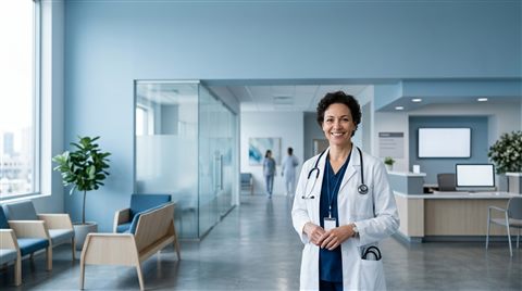 Photorealistic photo of a friendly doctor with a stethoscope, wide shot with open space at the top for text, cool blue tones, quiet atmosphere, 16:9 aspect ratio