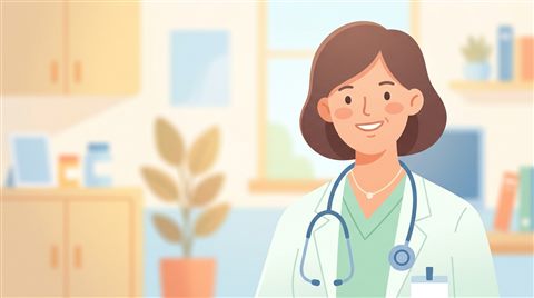 Minimal flat illustration of a friendly doctor with a stethoscope, close-up detail with shallow depth of field, soft pastel colors, bright and cozy, 16:9 aspect ratio