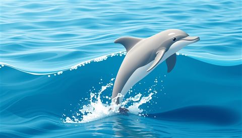 Minimal flat illustration of A graceful dolphin leaping out of the deep blue ocean waves., close-up detail with shallow depth of field, soft pastel colors, bright and cozy, 16:9 aspect ratio