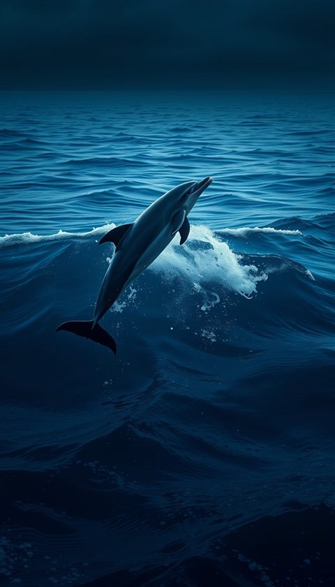 Photorealistic photo of A graceful dolphin leaping out of the deep blue ocean waves., wide shot with open space at the top for text, moody dark tones, dramatic lighting, 9:16 aspect ratio