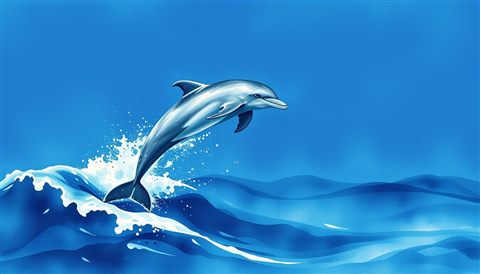 Watercolor illustration of A graceful dolphin leaping out of the deep blue ocean waves., wide shot with open space at the top for text, cool blue tones, quiet atmosphere, 16:9 aspect ratio