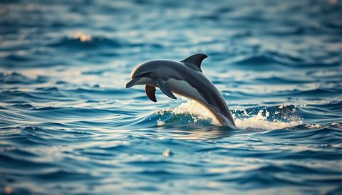 Photorealistic photo of A graceful dolphin leaping out of the deep blue ocean waves., close-up detail with shallow depth of field, warm golden light, calm mood, 16:9 aspect ratio