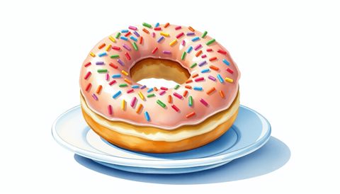 Watercolor illustration of A sweet glazed ring donut topped with colorful sprinkles, resting on a clean white plate., centered subject with a simple uncluttered composition, cool blue tones, quiet atmosphere, 16:9 aspect ratio