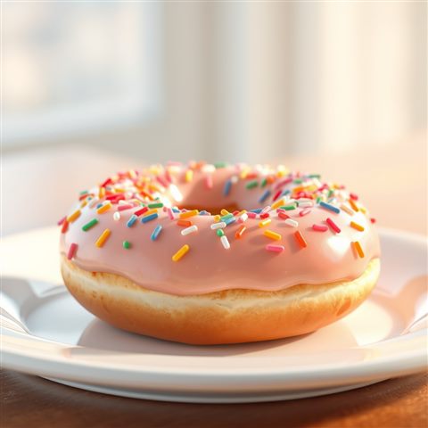 Soft 3D render of A sweet glazed ring donut topped with colorful sprinkles, resting on a clean white plate., close-up detail with shallow depth of field, misty morning haze, dreamy, 1:1 aspect ratio