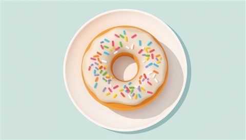Minimal flat illustration of A sweet glazed ring donut topped with colorful sprinkles, resting on a clean white plate., high-angle view from above, soft pastel colors, bright and cozy, 16:9 aspect ratio