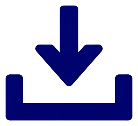 Flat color icon, bold solid colors of a download icon with a downward arrow into a tray, transparent background PNG
