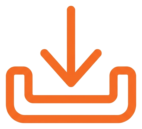 Rounded line icon, thick orange outline of a download icon with a downward arrow into a tray, transparent background PNG