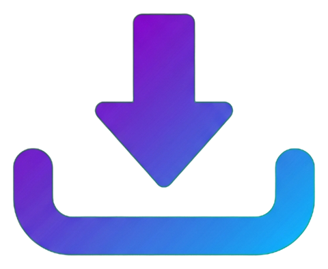 Gradient app-style icon, purple to blue gradient of a download icon with a downward arrow into a tray, transparent background PNG