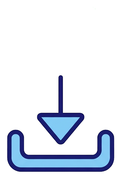 Duotone icon, navy blue and light blue of a download icon with a downward arrow into a tray, transparent background PNG