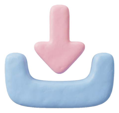 Soft 3D icon, pastel clay render of a download icon with a downward arrow into a tray, transparent background PNG