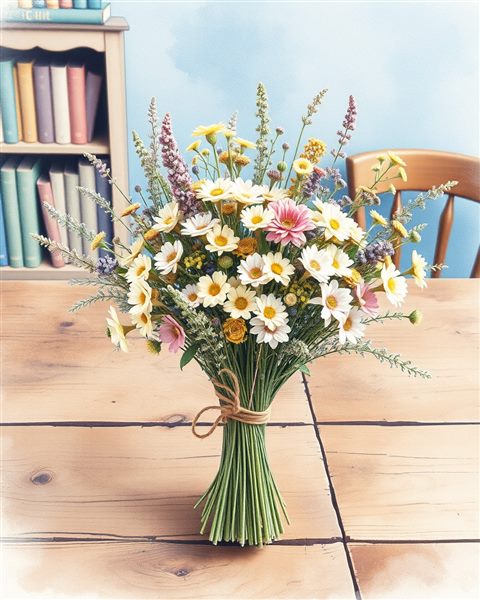 Watercolor illustration of A vintage bouquet of dried pastel wildflowers tied with twine on an old wooden table, wide shot with open space at the top for text, cool blue tones, quiet atmosphere, 4:5 aspect ratio