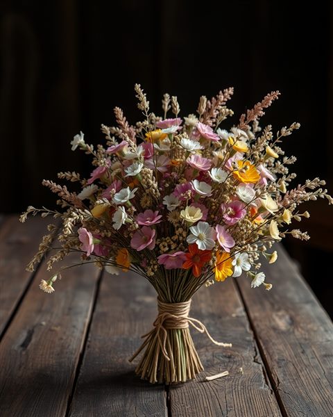 Photorealistic photo of A vintage bouquet of dried pastel wildflowers tied with twine on an old wooden table, wide shot with open space at the top for text, moody dark tones, dramatic lighting, 4:5 aspect ratio