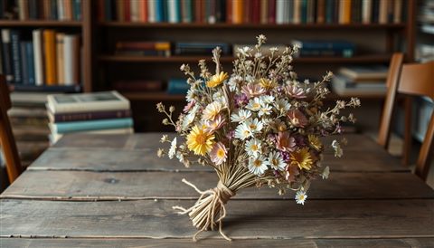 Cinematic film still of A vintage bouquet of dried pastel wildflowers tied with twine on an old wooden table, centered subject with a simple uncluttered composition, vivid colors, high contrast, energetic, 16:9 aspect ratio