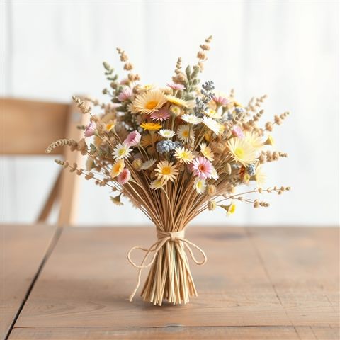Minimal flat illustration of A vintage bouquet of dried pastel wildflowers tied with twine on an old wooden table, close-up detail with shallow depth of field, soft pastel colors, bright and cozy, 1:1 aspect ratio