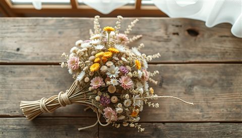Soft 3D render of A vintage bouquet of dried pastel wildflowers tied with twine on an old wooden table, high-angle view from above, misty morning haze, dreamy, 16:9 aspect ratio