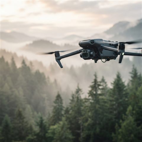 Photorealistic photo of a drone flying over a landscape, close-up detail with shallow depth of field, misty morning haze, dreamy, 1:1 aspect ratio