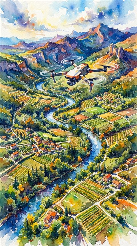 Watercolor illustration of a drone flying over a landscape, high-angle view from above, vivid colors, high contrast, energetic, 9:16 aspect ratio