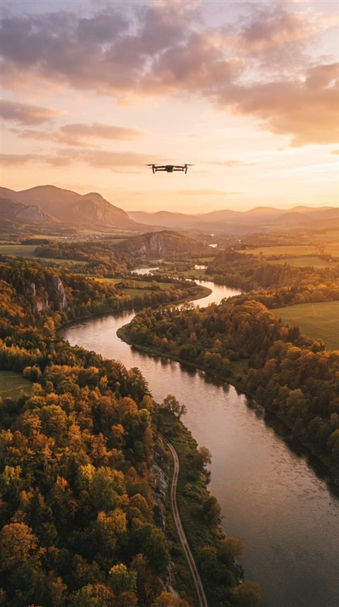 Cinematic film still of a drone flying over a landscape, centered subject with a simple uncluttered composition, warm golden light, calm mood, 9:16 aspect ratio