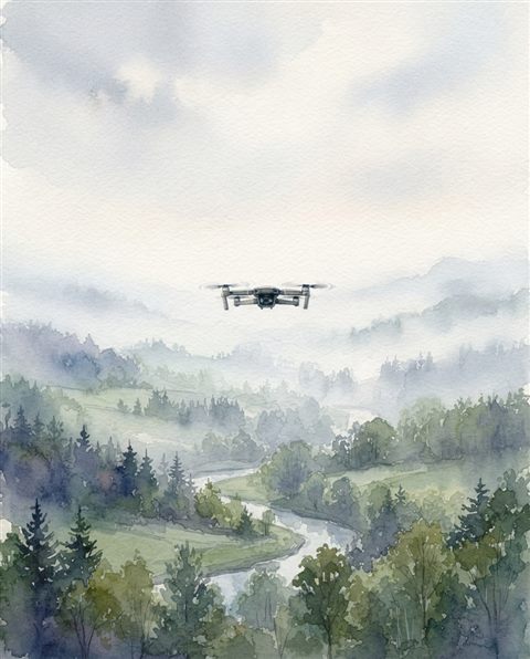 Watercolor illustration of a drone flying over a landscape, centered subject with a simple uncluttered composition, misty morning haze, dreamy, 4:5 aspect ratio