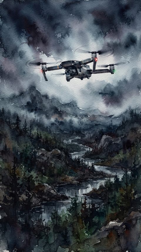 Watercolor illustration of a drone flying over a landscape, close-up detail with shallow depth of field, moody dark tones, dramatic lighting, 9:16 aspect ratio