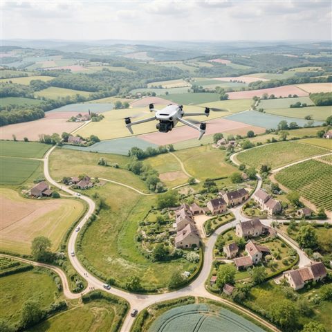 Photorealistic photo of a drone flying over a landscape, high-angle view from above, soft pastel colors, bright and cozy, 1:1 aspect ratio
