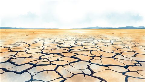Watercolor illustration of Cracked, dry earth in a barren desert landscape under a harsh sunny sky, wide shot with open space at the top for text, cool blue tones, quiet atmosphere, 16:9 aspect ratio