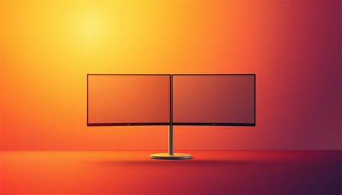 Photorealistic photo of A wide, seamless abstract geometric gradient design optimized for dual monitors., centered subject with a simple uncluttered composition, warm golden light, calm mood, 16:9 aspect ratio