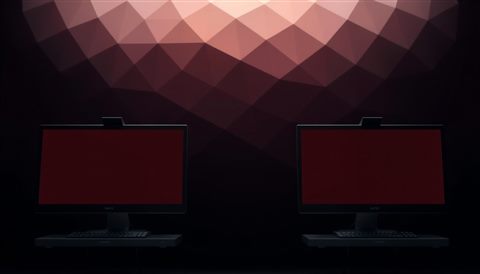 Photorealistic photo of A wide, seamless abstract geometric gradient design optimized for dual monitors., close-up detail with shallow depth of field, moody dark tones, dramatic lighting, 16:9 aspect ratio