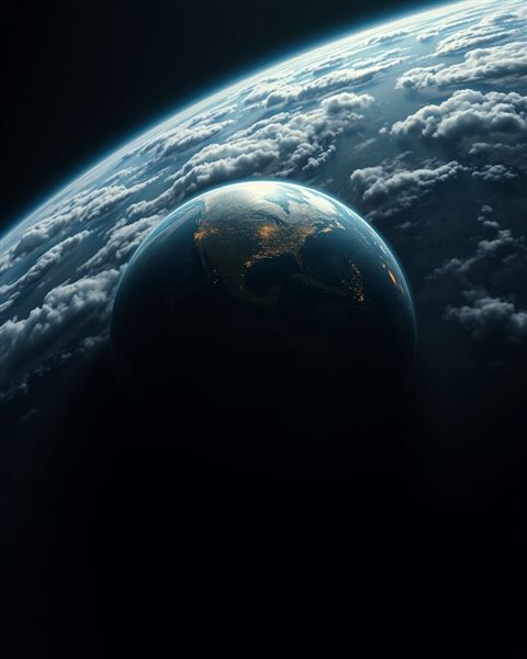Photorealistic photo of Breathtaking view of planet Earth glowing in the dark void of space with swirling white clouds, close-up detail with shallow depth of field, moody dark tones, dramatic lighting, 4:5 aspect ratio