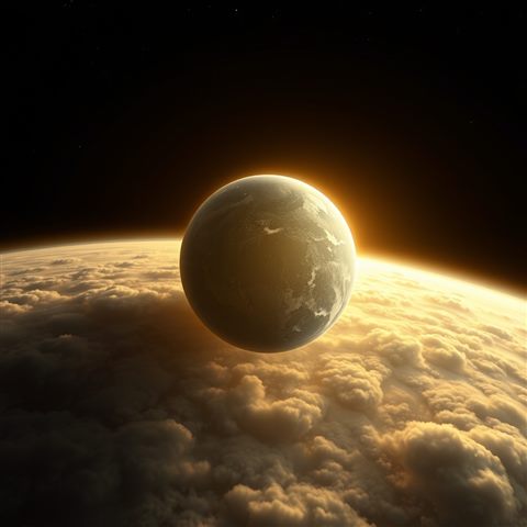 Photorealistic photo of Breathtaking view of planet Earth glowing in the dark void of space with swirling white clouds, centered subject with a simple uncluttered composition, warm golden light, calm mood, 1:1 aspect ratio
