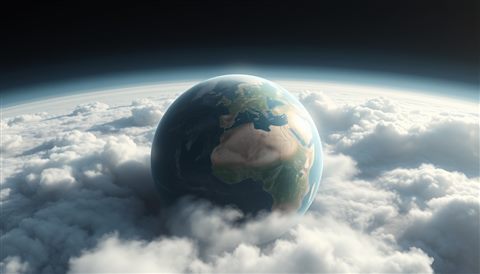 Soft 3D render of Breathtaking view of planet Earth glowing in the dark void of space with swirling white clouds, wide shot with open space at the top for text, misty morning haze, dreamy, 16:9 aspect ratio