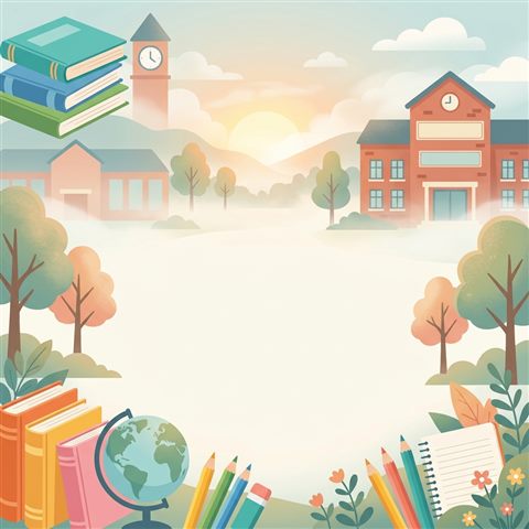 Flat vector design of friendly school-themed background with books and pencils at the edges and empty center, simple balanced layout, misty morning haze, dreamy, 1:1 aspect ratio